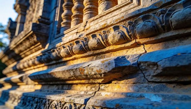 Sunlit carved temple frieze with lichen-stained weathered stone and ornate cornice details