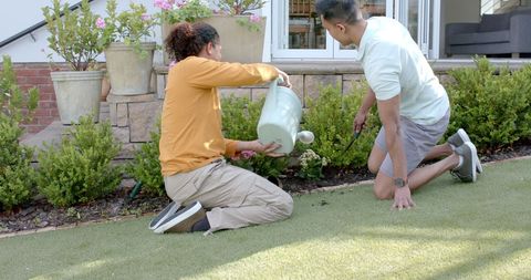 Couple Gardening Together Joyfully on Summer Day