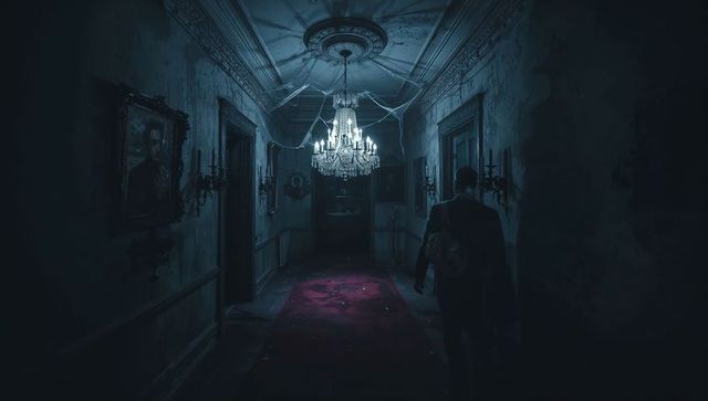 Mysterious Manor Hallway with Shadowy Figure and Chandelier