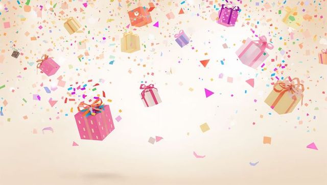 Floating wrapped gift boxes and colorful confetti drifting, celebrating gifting occasions