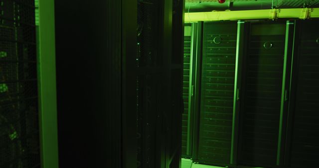 Dimly lit data center room filled with rows of server racks. The green lighting adds a modern and high-tech ambiance. Perfect for illustrating concepts in technology, cybersecurity, IT infrastructure, and network management.
