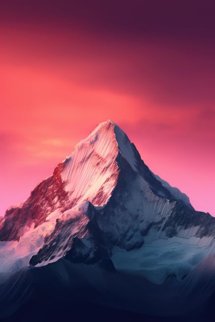 Dramatic mountain peak with snowy slopes and vibrant sunset sky in background. Perfect for travel inspiration, nature website visuals, landscape art, adventure blogs, and mobile backgrounds. Captures beauty and majesty of natural landscapes in an inspiring and serene way.