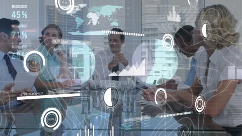 Data Visualization Overlay on Business Meeting in Modern Office