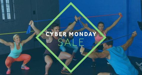 Cyber monday sale: dynamic group resistance band workout in colorful gym apparel