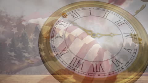 Symbolic American Flag and Clock Overlapping with Nature