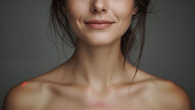 Smiling woman showing laser dots on clavicle with freckles dimples and skin texture