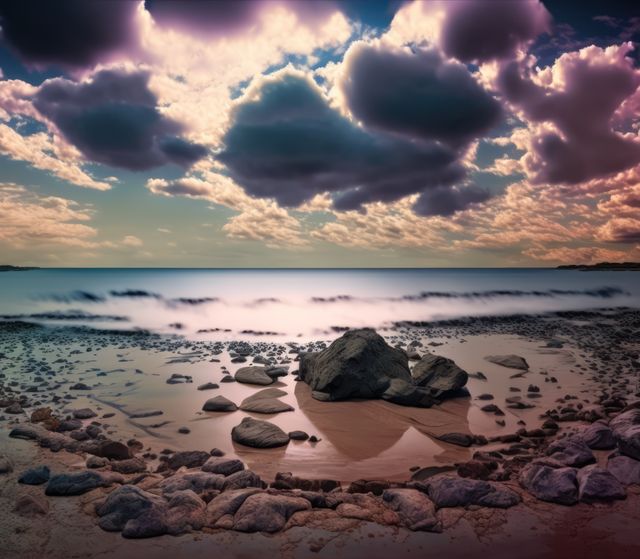 Landscape of beach with rocks over sea and blue sky, created using generative ai technology. Landscape, nature and beach concept.