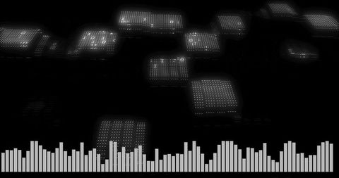 Pulsing audio equalizer with glowing dotted panels in minimal futuristic digital space