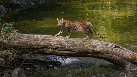 Bobcat walking along fallen log over forest creek, balancing on mossy trunk