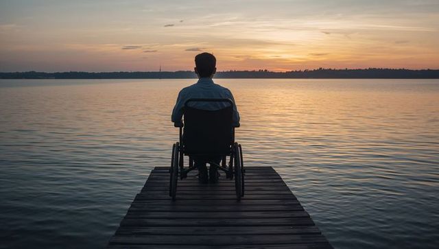 Man in wheelchair watching sunset over calm lake on wooden dock, silhouette at dusk