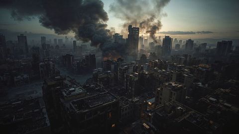 Dystopian cityscape in airstrikes ruins with rising smoke at dusk
