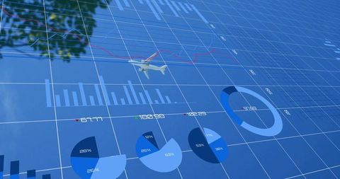 Airplane travels amid financial graphs in blue sky theme