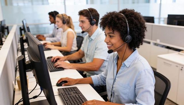 Smiling female call center agent typing at open-plan office desk wearing headset