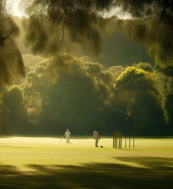 Cricketers enjoying a match in a tranquil forest setting bathed in early morning sunlight. Two players on a lush green field suggest a serene start to a day of sport, creating a calm and picturesque atmosphere. Ideal for promotional material related to outdoor sports, nature activities, and lifestyle of cricket enthusiasts, as well as ads focusing on the beauty of outdoor physical engagement and relaxation.