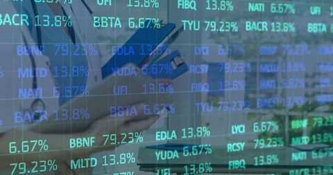 Female Doctor Using Technology with Financial Data Overlay in Clinic