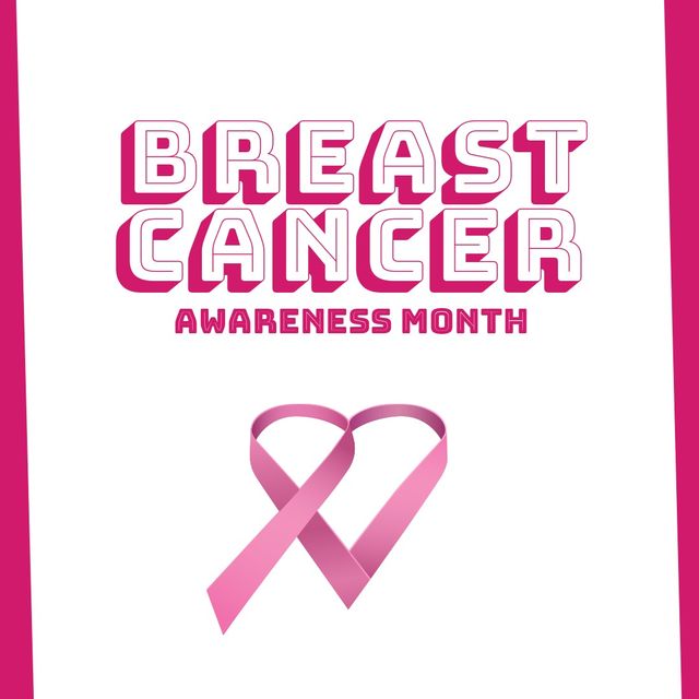 Square image of breast cancer awareness month text and pink ribbon. Breast cancer awareness month campaign.