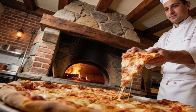 Chef pulling stretching cheese slice from wood-fired pizza in rustic stone oven kitchen