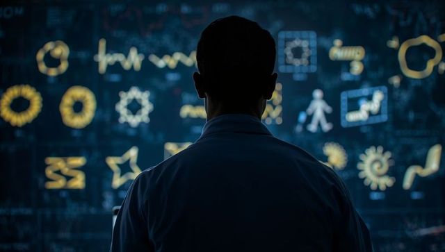 Silhouette analyst analyzing glowing data visualizations on wall-sized display