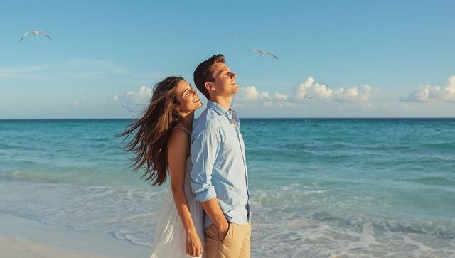 Romantic Couple Enjoying Coastal Breeze at Seaside
