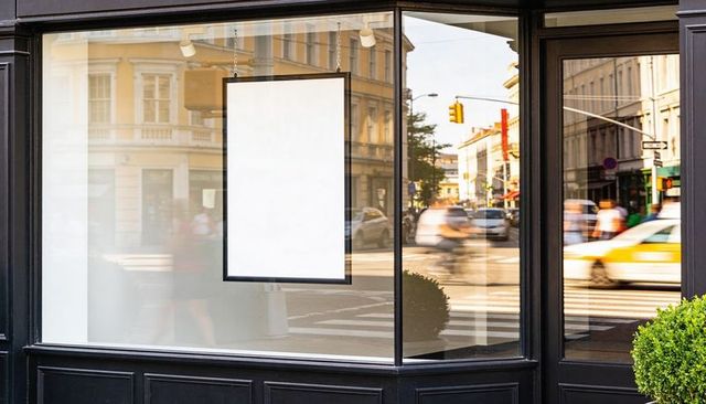Blank poster in shop window reflecting downtown street with taxi and pedestrians
