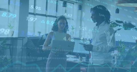 Diverse colleagues in modern office analyzing financial trends