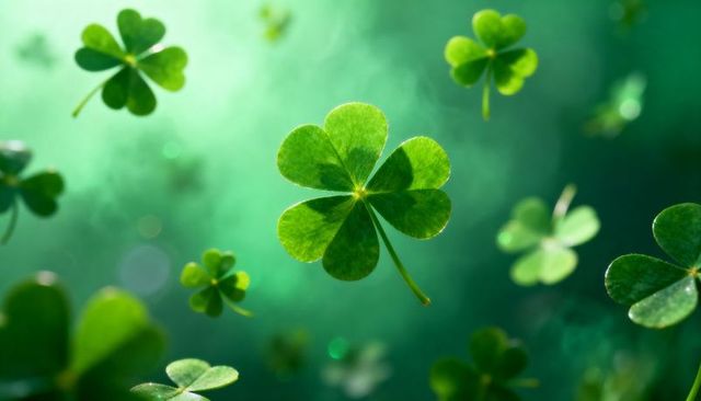 Floating four-leaf clover glowing amid drifting shamrocks with dreamy emerald bokeh and sunlight