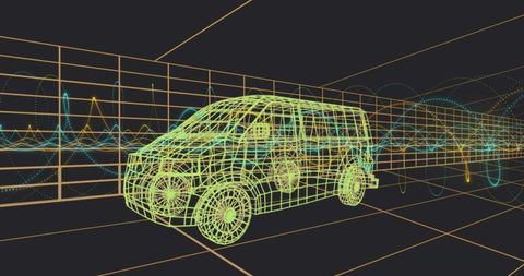 Neon Wireframe Van 3D Data Visualization with Grid and Waveform Simulation
