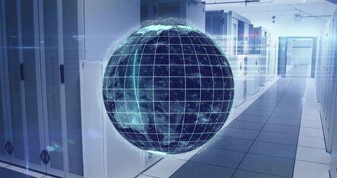 Holographic globe hovering above data center aisle with server racks and wireframe orb