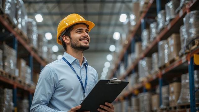Male supervisor inspecting logistics warehouse compliance