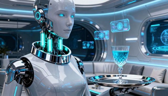 Futuristic robotic butler serving glowing blue cocktail on tray in luxury space lounge