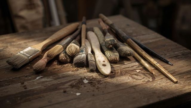 Vintage paintbrushes resting on weathered wooden workbench with palette knife and drips