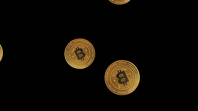 Golden bitcoins drop onto a dark backdrop, symbolizing digital money and cryptocurrency investment. Ideal for illustrating concepts related to finance, blockchain technology, economic trends, and digital asset management.