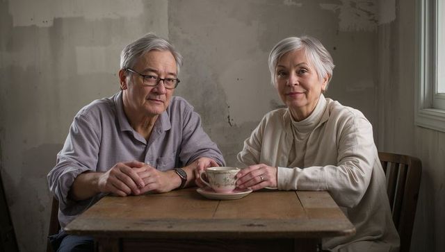 Senior couple sitting at rustic kitchen table holding floral teacup, soft natural light