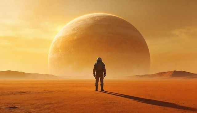Lone astronaut standing on red desert plain facing colossal planet rising over dunes