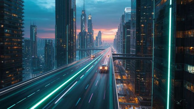 Futuristic Urban Highway at Dusk with Neon Skyline