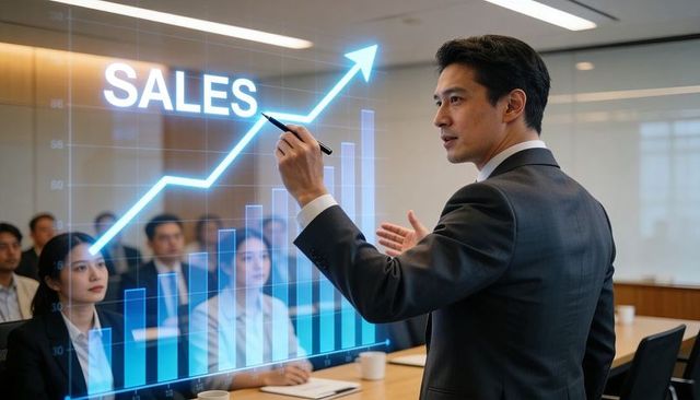 Asian executive presenting augmented reality sales growth chart in boardroom meeting