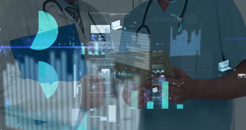 Doctors Analyzing Financial Healthcare Data with Digital Interface