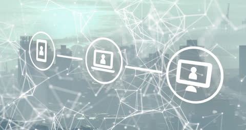 Digital Network Icons Over Cityscape Illustrating Connectivity