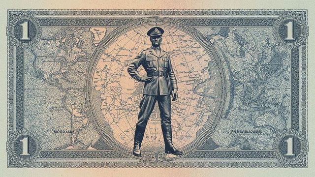 Vintage Military Currency Design Featuring Officer on Polar Map