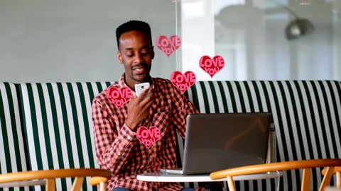 Romantic Video Call in Cafe with Red Heart Animations