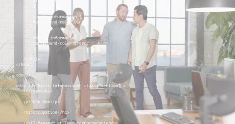 Creative team collaborating in modern loft office discussing ideas, code and strategy