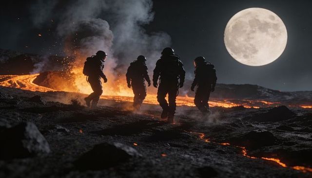Four astronauts walking across volcanic plain at night with glowing lava rivers under full moon