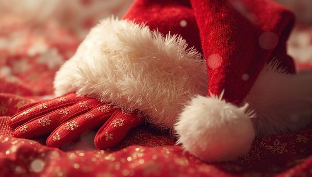 Festive Santa Hat and Knitted Gloves on Glittering Red Background