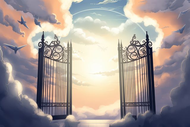 Heavenly gates opening to a scene filled with clouds and sunlight. Ideal for illustrating concepts of spirituality, afterlife, paradise, and transcendence. Perfect for use in religious content, inspirational materials, or fantasy-themed projects.
