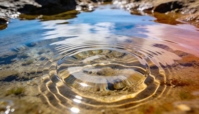 Sunlit tidal pool ripple revealing sandy pebbles and algae with concentric water rings