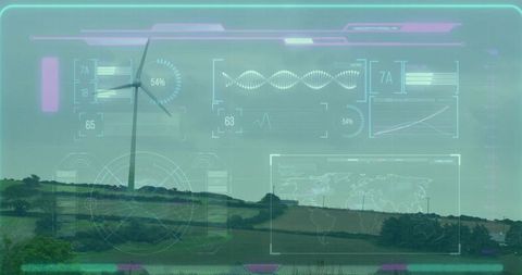 Futuristic HUD Monitoring Wind Turbine on Rural Ridge Showing Renewable Energy Data and Analytics