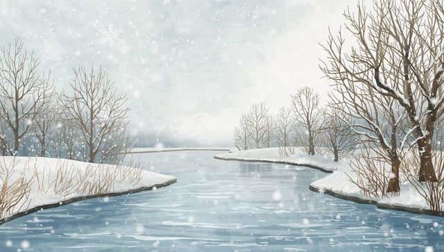 Flowing meandering river reflecting gray sky in misty winter valley with falling snow