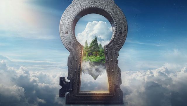 Floating Island through Ornate Keyhole Archway in Surreal Sky