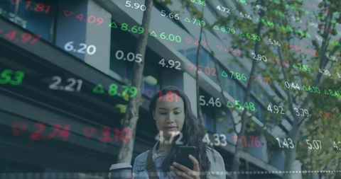 Woman checking stock market on phone holding coffee on urban sidewalk with ticker overlay