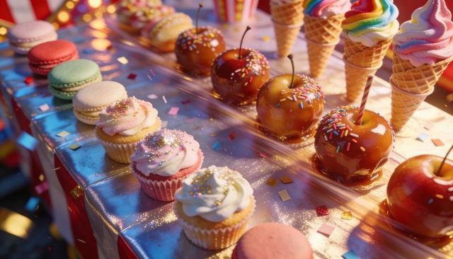 Carnival dessert showcasing frosted cupcakes, macarons, caramel apples, rainbow cones